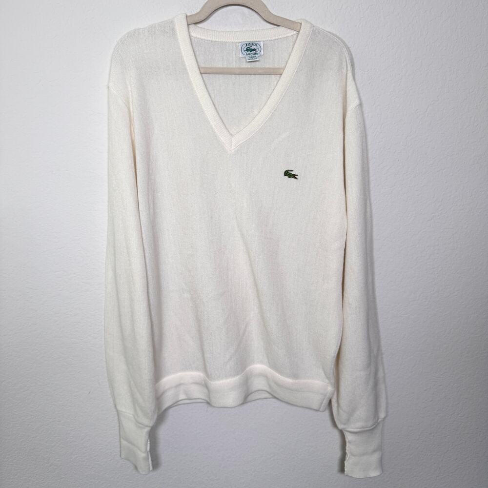 Izod Lacoste Mens Vintage V Neck Sweater Size L Alligator Made in USA Preppy
